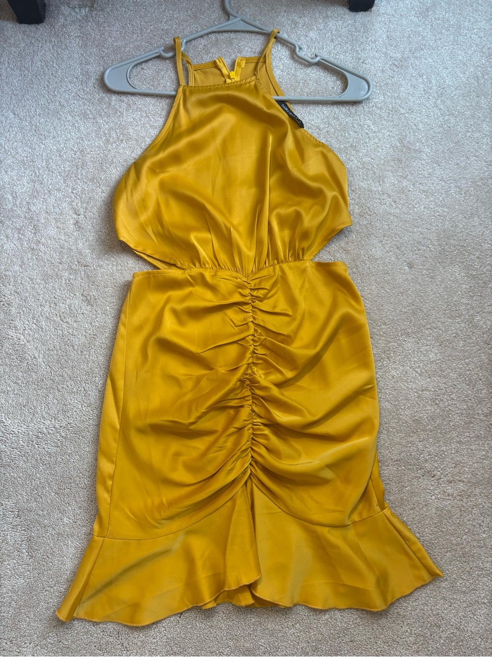Ruched Halter Midi Dress in Mustard Yellow - Picture 2 of 3